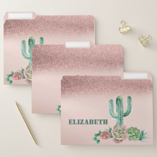 Trendy Rose Gold Glitter Ombre Cactus  Succulent File Folder