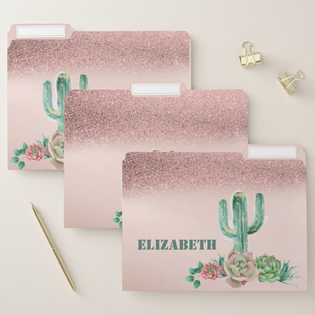 Trendy Rose Gold Glitter Ombre Cactus  Succulent File Folder (Set)