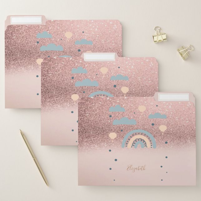 Trendy Rose Gold Glitter Ombre Rainbow Clouds File Folder (Set)
