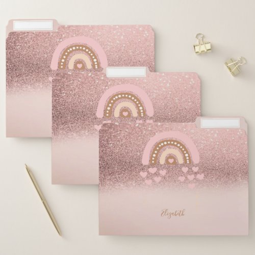 Trendy Rose Gold Glitter Ombre Rainbow Hearts File Folder
