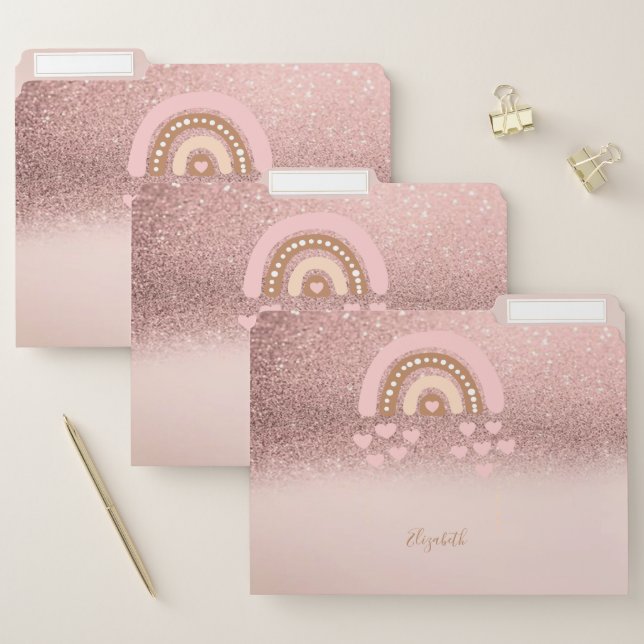Trendy Rose Gold Glitter Ombre Rainbow Hearts File Folder (Set)