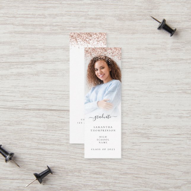 Trendy Rose Gold Glitter Photo 2024 Graduation Calling Card (Front/Back In Situ)