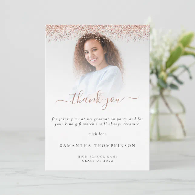 Trendy Rose Gold Glitter Photo Graduation Thank You Card | Zazzle