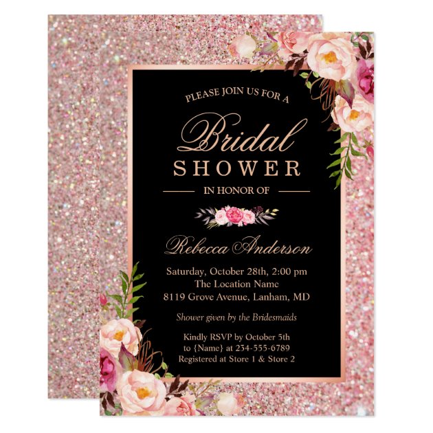 Trendy Rose Gold Glitter Pink Floral Bridal Shower Invitation