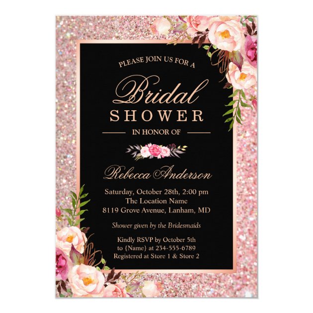 Trendy Rose Gold Glitter Pink Floral Bridal Shower Invitation