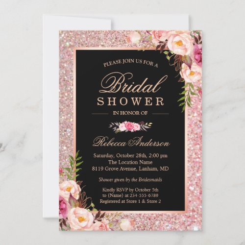 Trendy Rose Gold Glitter Pink Floral Bridal Shower Card