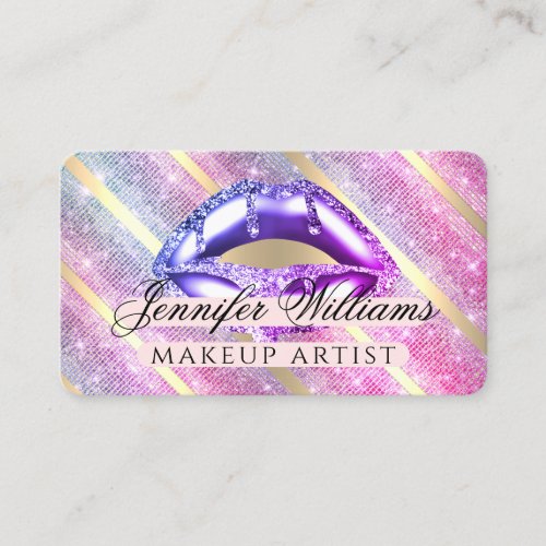 Trendy Rose Gold Glitter Purple Lips Makeup Artist Business Card