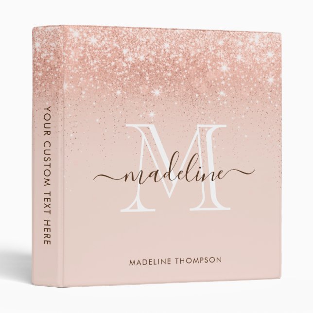 Trendy Rose Gold Glitter Script Monogram 3 Ring Binder (Front/Spine)