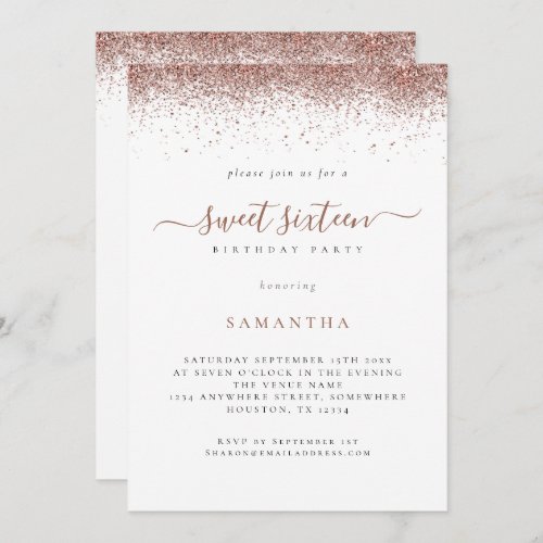 Trendy Rose Gold Glitter Script Sweet 16 Invitation