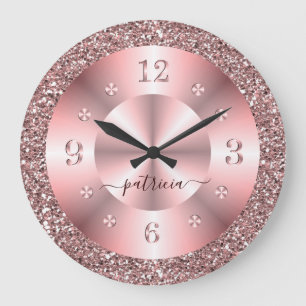 Trendy Rose Gold Glitter Sparkle Personalized Name Large Clock