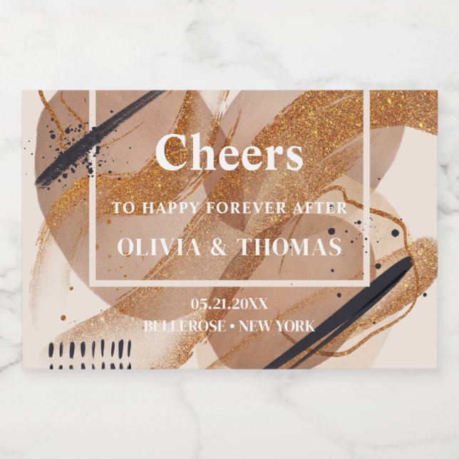 Trendy rose gold glitter terracotta abstract bold sparkling wine label (Single Label)