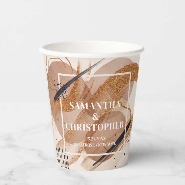 Trendy rose gold glitter terracotta bold wedding paper cups (Front)