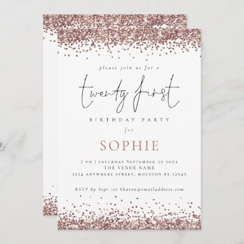 Trendy Rose Gold Glitter Twenty First Party Invitation