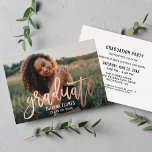 Trendy Rose Gold Graduate Photo Grad Party Foil Invitation<br><div class="desc">Celebrate your graduate with this trendy graduation party invitation featuring "Graduate" in flowing rose gold foil brush script overlaid on a full-bleed photo. The back presents "Graduation Party" event details in classic black typography on white. All text is fully customizable, including the graduate's name, school, class year, and event details....</div>