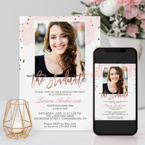 Trendy Rose Gold Graduate Photo Graduation Party Invitation