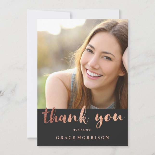 Trendy Rose Gold  Graduation Photo Thank You (Front)
