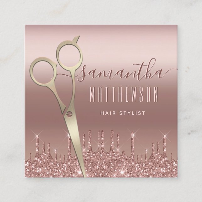 Trendy Rose Gold Hair Stylist Social Media QR Code Square Business Card (Front)