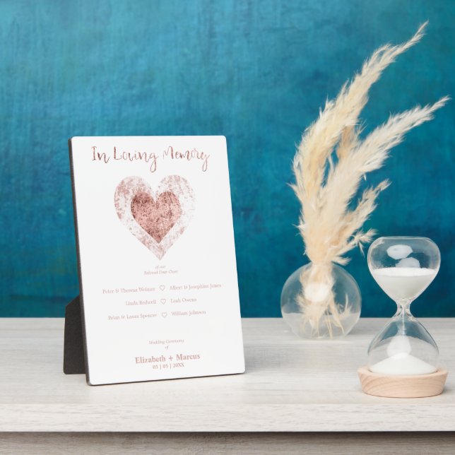 Trendy Rose Gold Heart Loving Memory Wedding Table Plaque (Side)