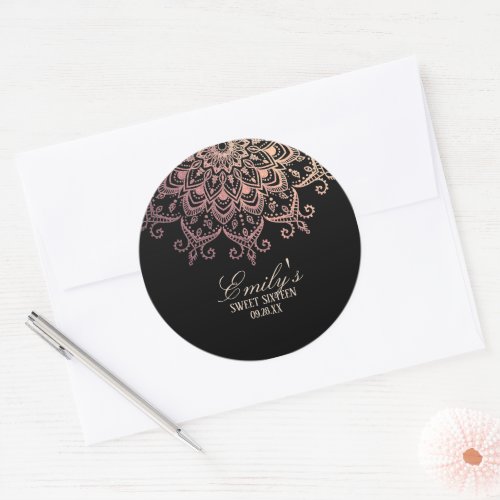 Trendy Rose Gold Mandala Sweet 16 Classic Round Sticker