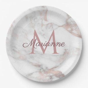 Trendy Rose Gold Marble Design Monogram Template Paper Plates