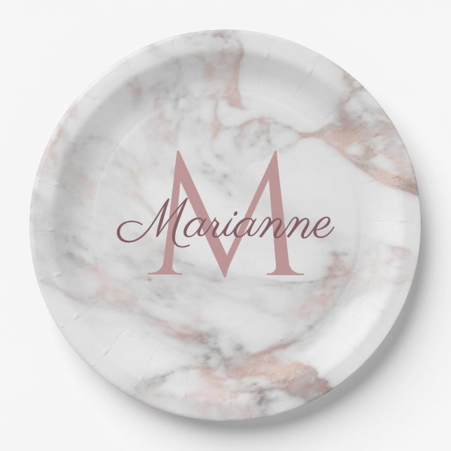 Trendy Rose Gold Marble Design Monogram Template Paper Plates (Front)