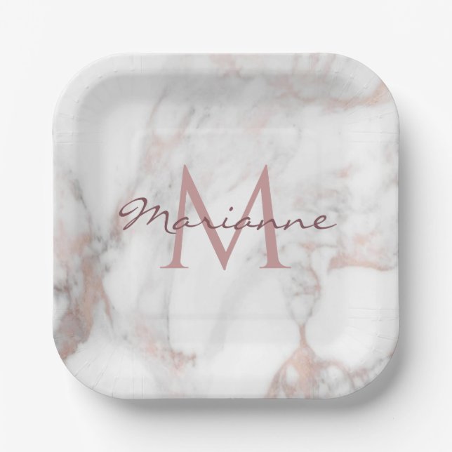 Trendy Rose Gold Marble Monogrammed Template Paper Plates (Front)