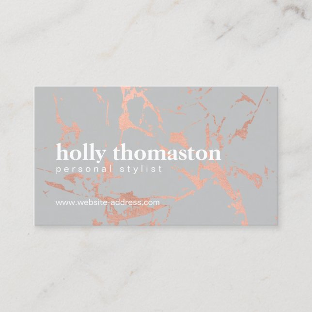 Trendy Rose Gold Marble Pattern on Gray Designer Business Card (Front)