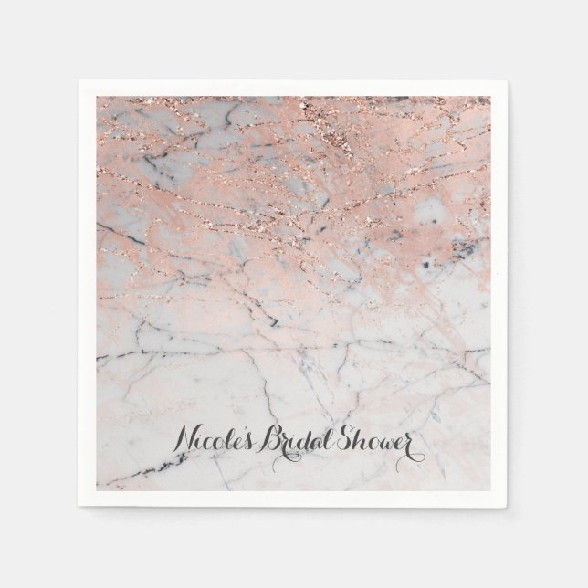 Trendy Rose Gold Modern Marble Glam Wedding Party Paper Napkins (Front)