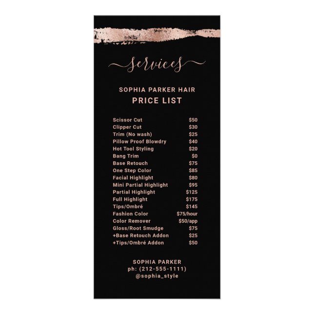 Trendy Rose Gold on Black | Price List Services Rack Card (Front)
