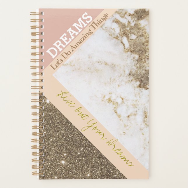 Trendy Rose Gold Pink Faux Marble Dreams Planner (Front)