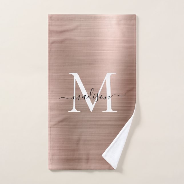 Trendy Rose Gold Pink Metallic Monogram Script Hand Towel (Hand Towel)