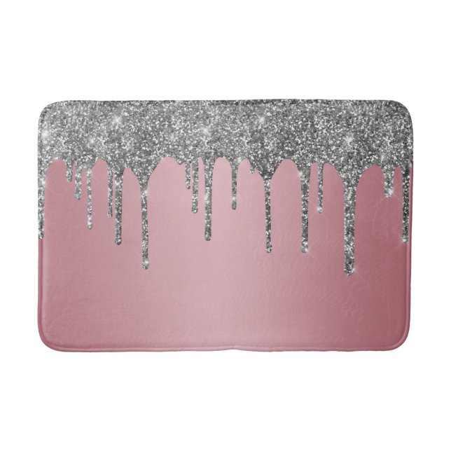 Trendy Rose Gold Pink Silver Glitter Drips Sparkle Bath Mat (Front)