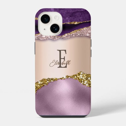 Trendy Rose Gold Purple Glitter Monogram iPhone iPhone 14 Case