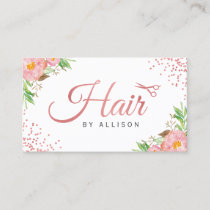 Trendy Rose Gold Scissors Floral Hair Stylist Business Card