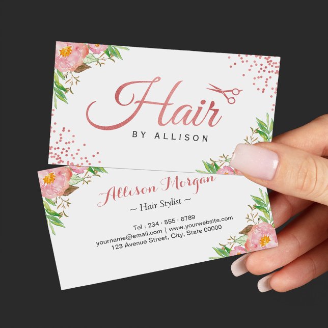 Trendy Rose Gold Scissors Floral Hair Stylist Business Card (Creator Uploaded)