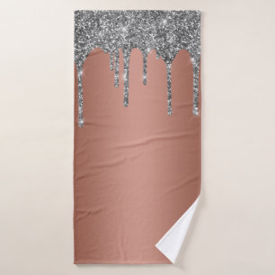 Trendy Rose Gold Silver Glitter Drips Sparkle Bath Towel Set