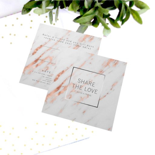 Customizable Trendy Rose Gold Silver Marble Referral Client Square Business Card