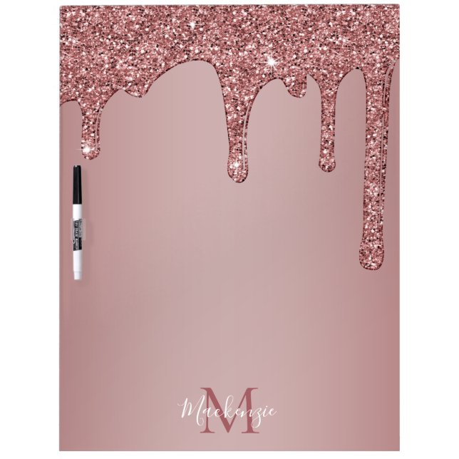Trendy Rose Gold Sparkle Dripping Glitter Monogram Dry Erase Board (Front)