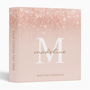 Trendy Rose Gold Sparkling Glitter Monogram 3 Ring Binder