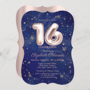 Trendy Rose Gold Stars Navy Blue  Sweet 16 Invitation