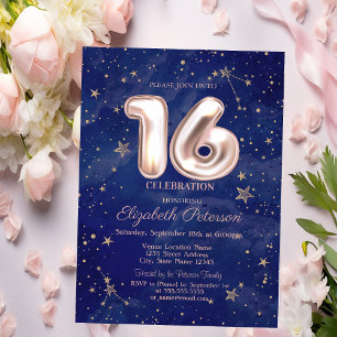 Trendy Rose Gold Stars Navy Blue Sweet 16 Invitation