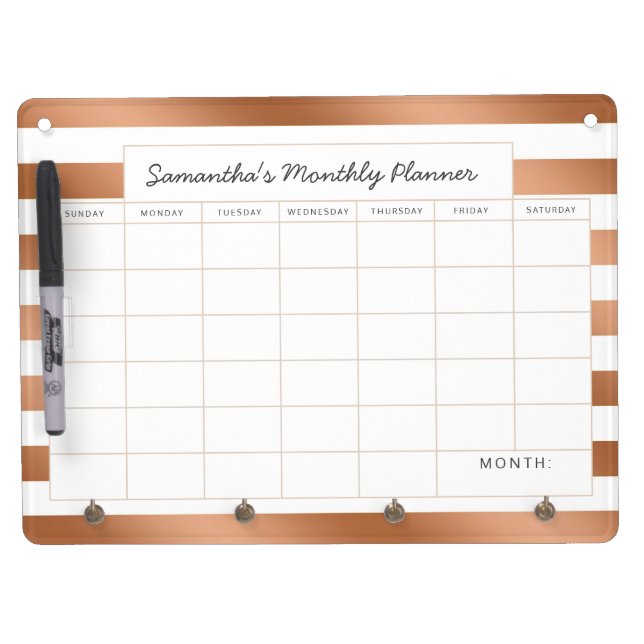 Trendy Rose Gold Stripes Monthly Planner Calendar Dry Erase Board With Keychain Holder (Front)