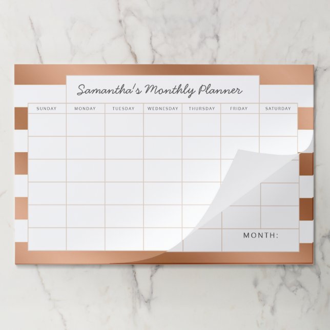 Trendy Rose Gold Stripes Monthly Planner Calendar Paper Pad (Folded)