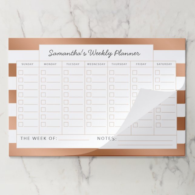 Trendy Rose Gold Stripes Weekly Planner Calendar Paper Pad (Folded)