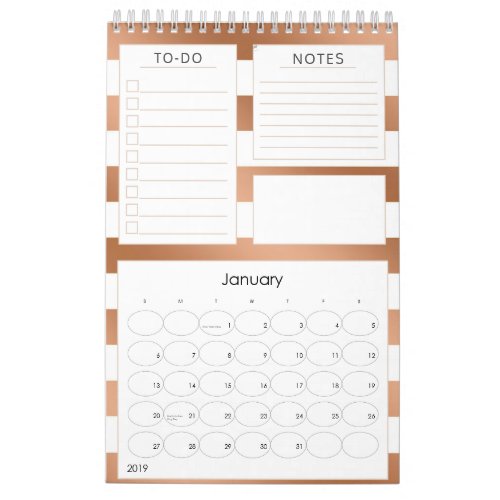 Trendy Rose Gold Stripes Yearly Monthly Planner Calendar