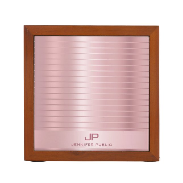 Trendy Rose Gold Template Monogrammed Modern Desk Organizer (Front)