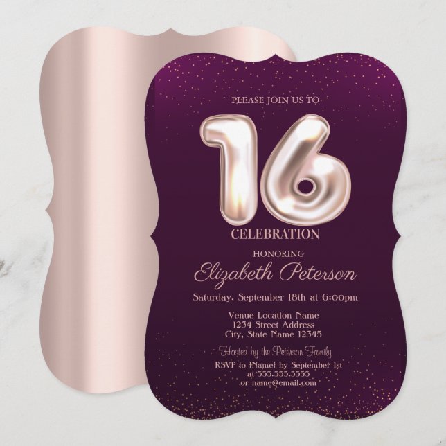 Trendy Rose Gold,Violet Sweet 16  Invitation (Front/Back)