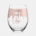 Trendy Rose Pink Gold Metallic Drips 21st Birthday Stemless Wine Glass<br><div class="desc">A trendy rose pink gold faux metallic drip design with chic distressed monogram. A modern style with a touch of grunge attitude! An ideal birthday gift or decor for a 21st Birthday.</div>