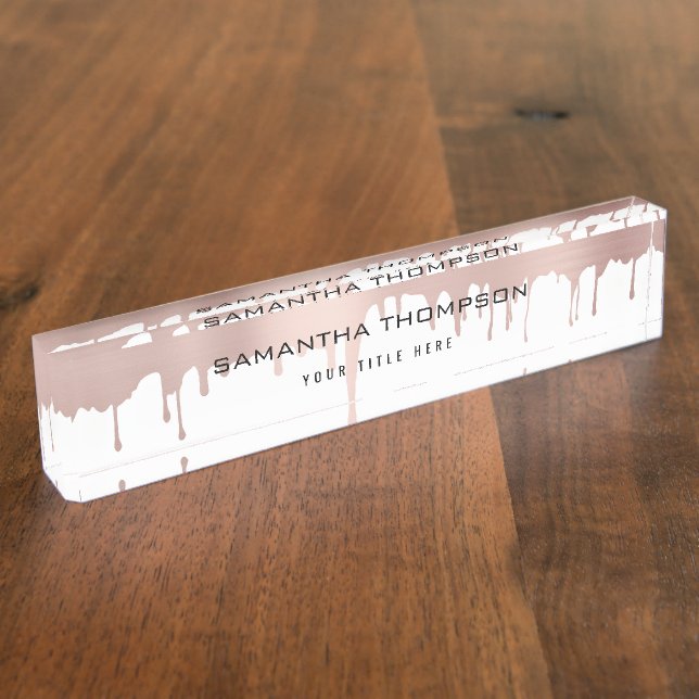 Trendy Rose Pink Gold Metallic Drips Desk Name Plate (Side)
