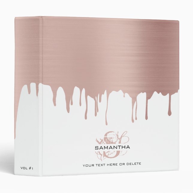 Trendy Rose Pink Gold Metallic Drips Monogram 3 Ring Binder (Front/Spine)